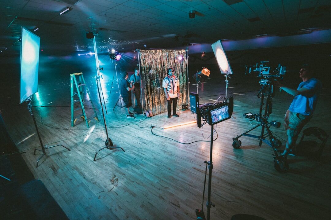Television studio set with lighting rig and stage design